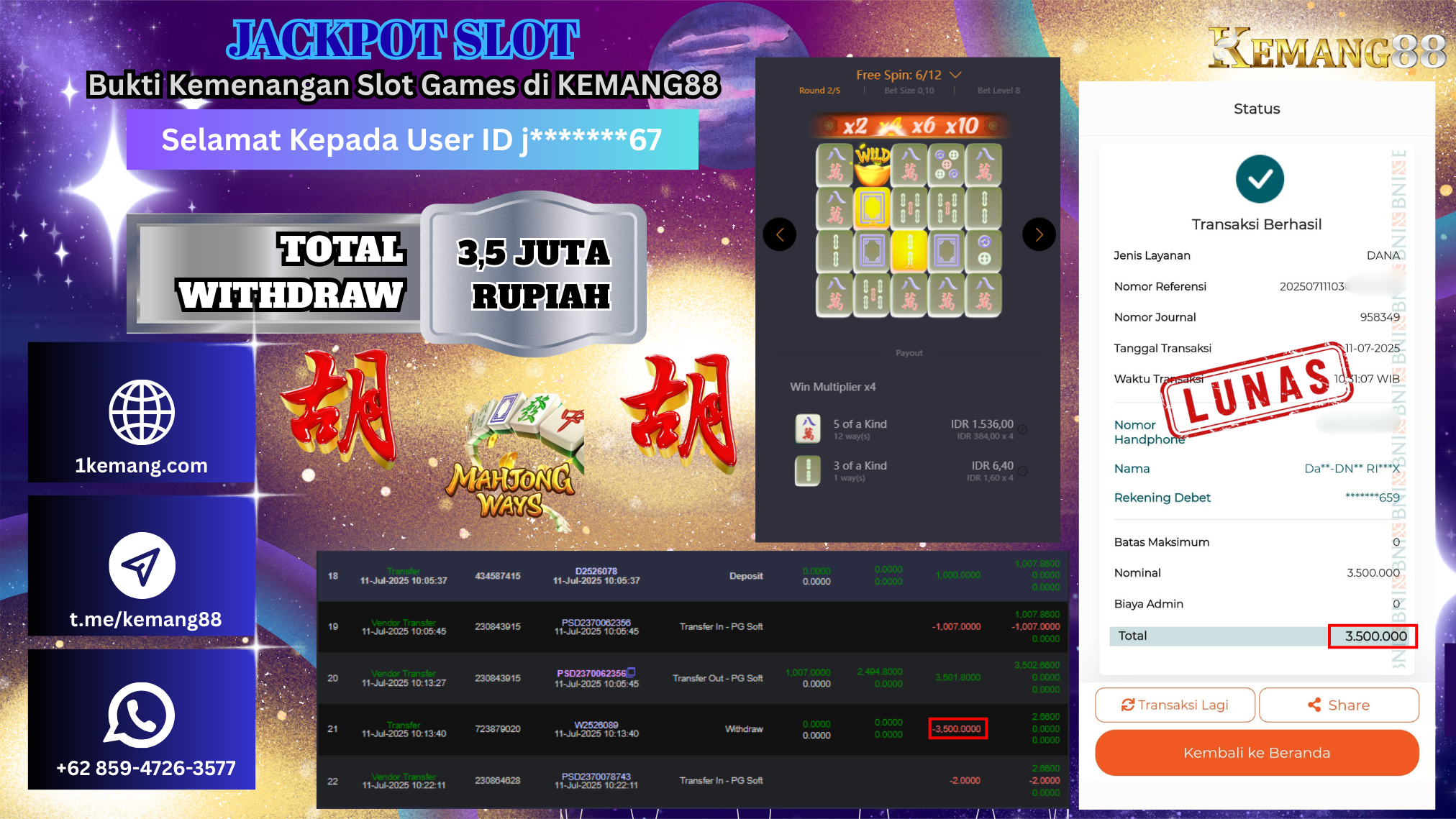KEMANG88 [11 JULY 2025] : JACKPOT SLOT :  MAHJONG WAYS 1 [PG]  Rp.3.500.000.,- LUNAS